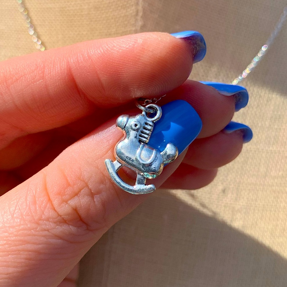 NWT Sterling Silver Plated Chain & Rocking Horse Alloy Metal Charm Necklace